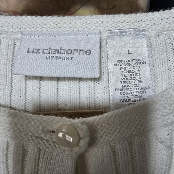 ​Liz Claiborne Vintage White Cotton Cable Knit Cardigan Sweater Cottagecore L - Picture 4 of 7